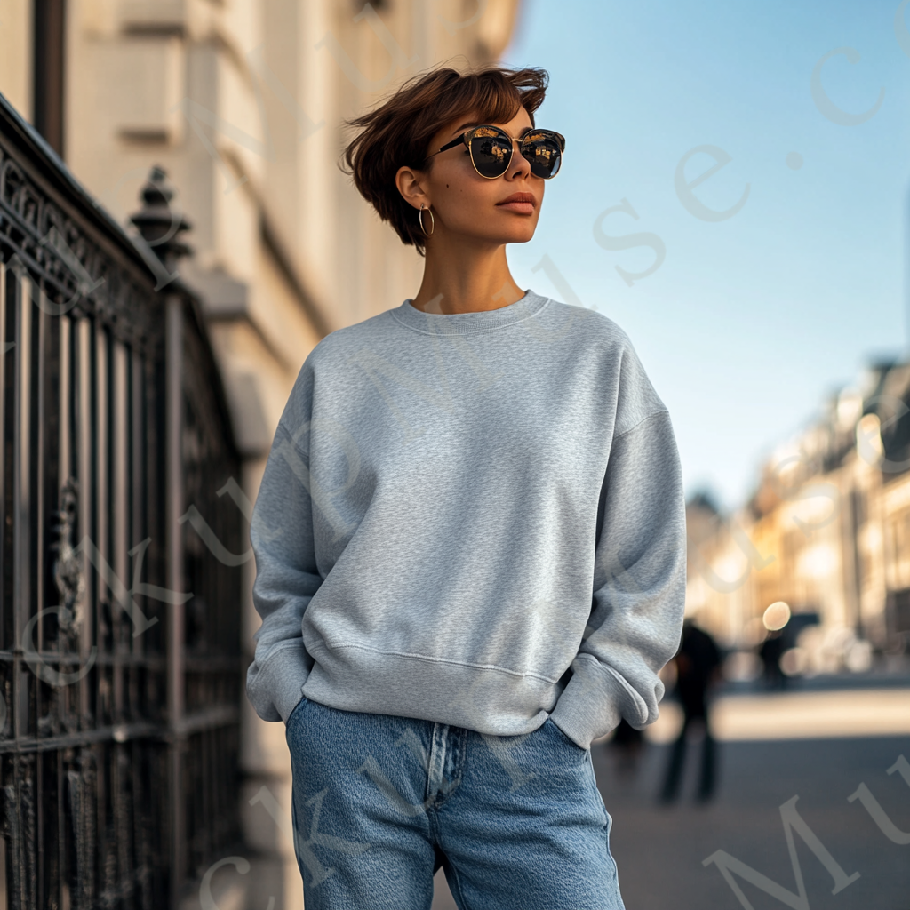 Womens grey sweatshirt mockup – lifestyle, outdoor city, sunglasses; Gildan 18000 fit