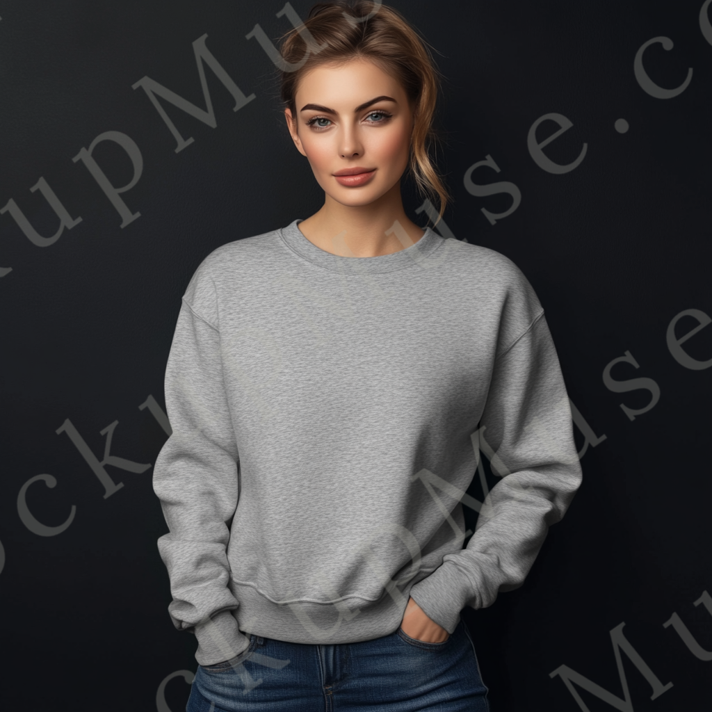 Womens grey sweatshirt mockup – studio portrait, dark backdrop; Gildan 18000 fit