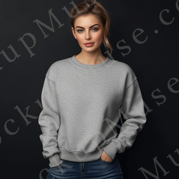 Womens grey sweatshirt mockup – studio portrait, dark backdrop; Gildan 18000 fit