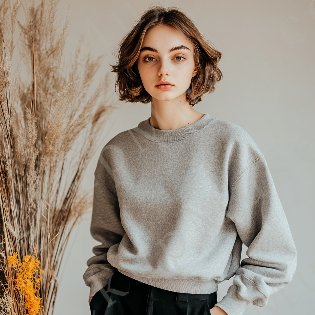 Womens grey sweatshirt mockup – lifestyle, indoor autumn décor, pampas grass; Gildan 18000 fit