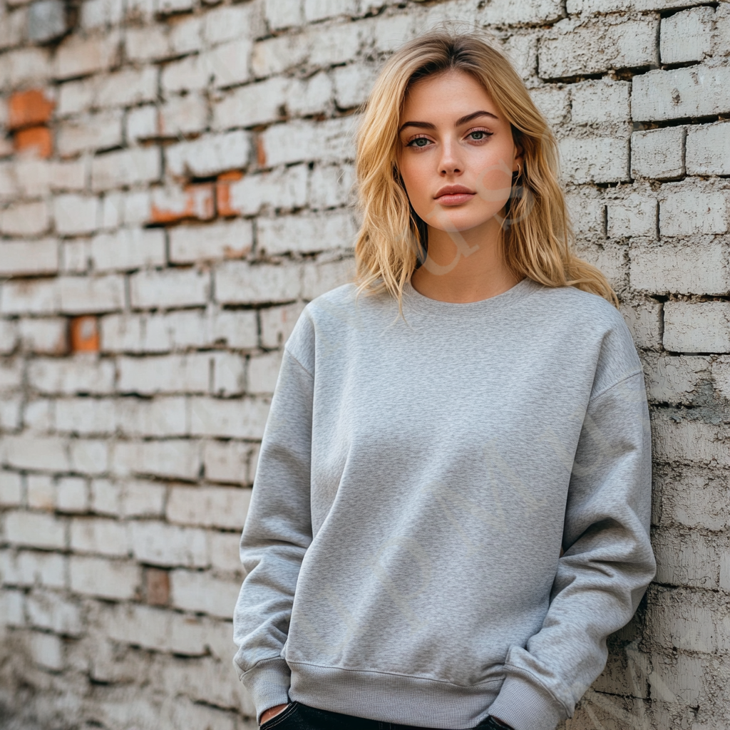 Womens grey sweatshirt mockup – lifestyle, outdoor brick wall; Gildan 18000 fit