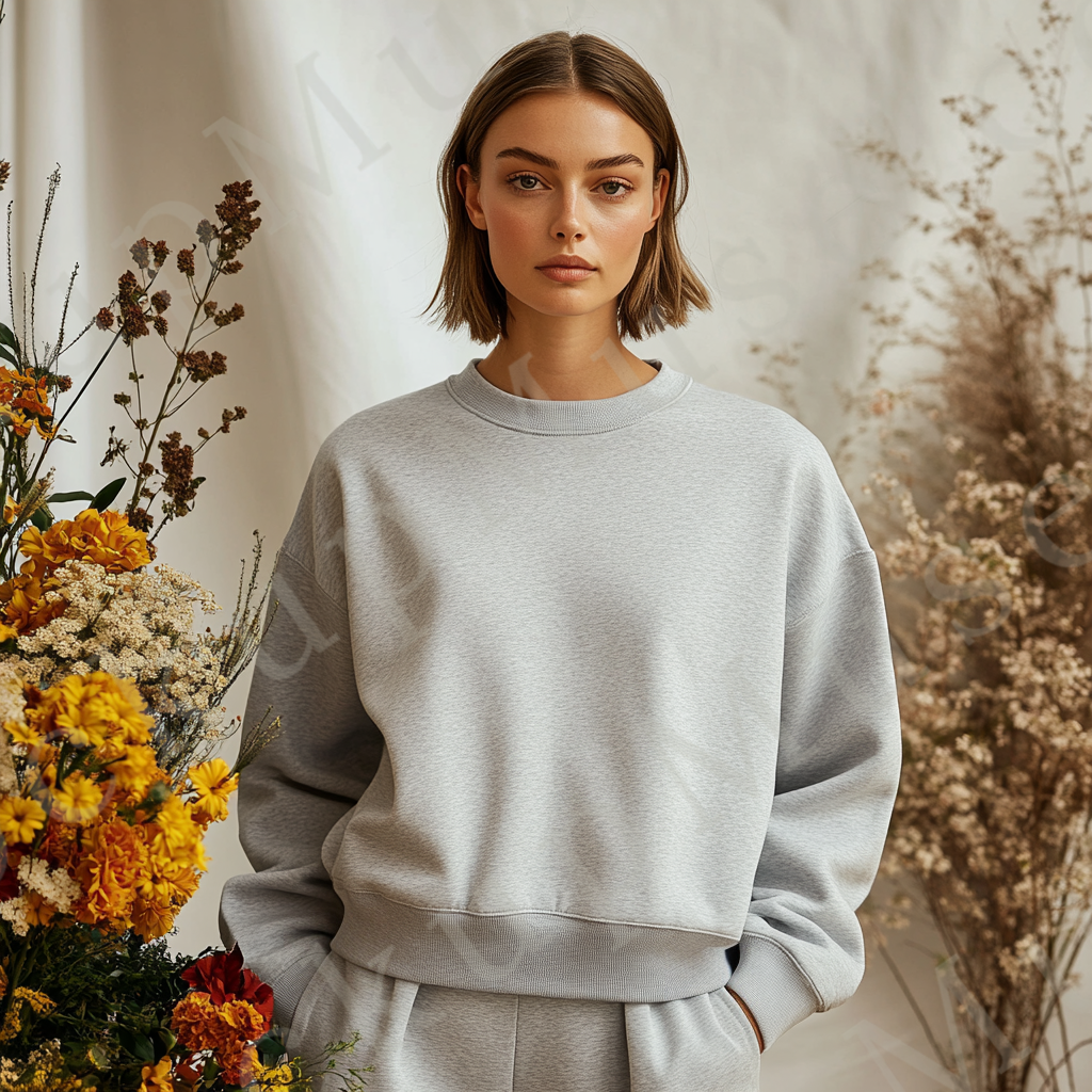 Womens grey sweatshirt mockup – lifestyle, indoor autumn scene; Gildan 18000 fit