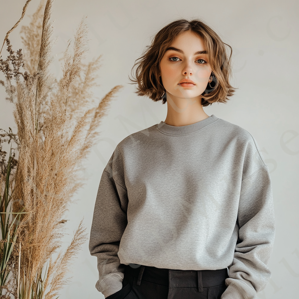 Womens grey sweatshirt mockup – lifestyle, indoor autumn, pampas grass; Gildan 18000 fit