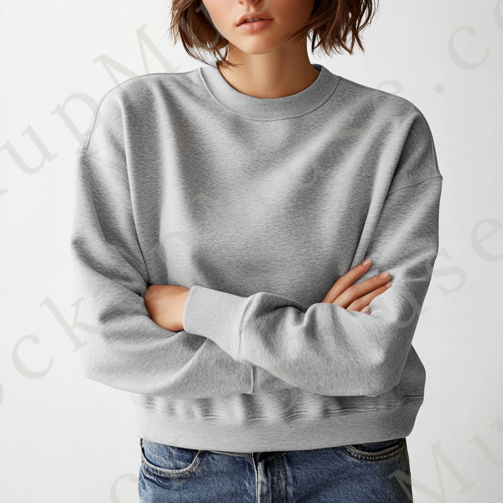 Womens grey sweatshirt mockup – studio, cropped arms crossed pose; Gildan 18000 fit