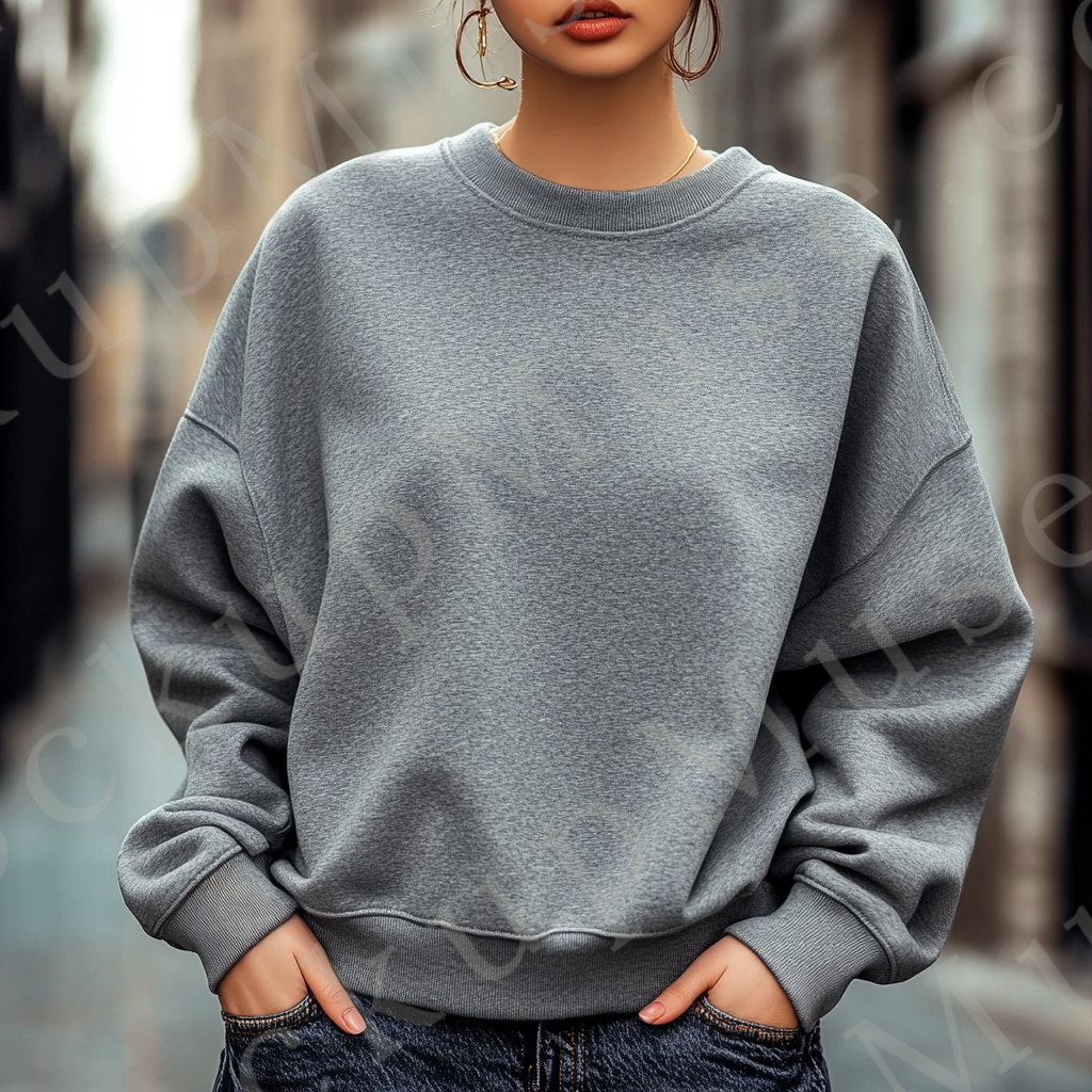 Womens grey sweatshirt mockup – lifestyle, outdoor city casual; Gildan 18000 fit
