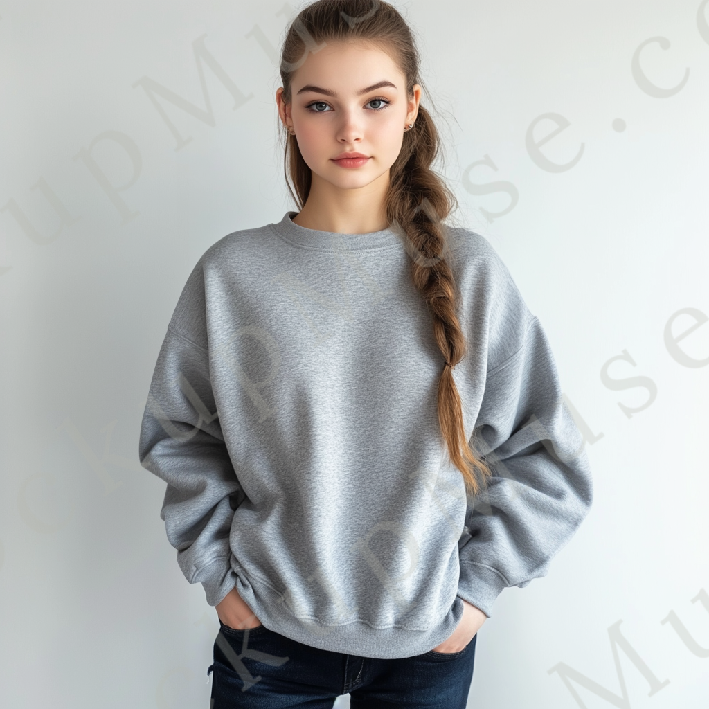 Womens grey sweatshirt mockup – studio, clean white backdrop; Gildan 18000 fit