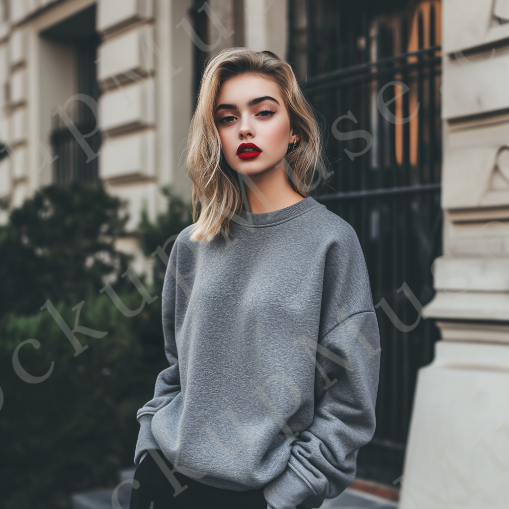 Womens grey sweatshirt mockup – lifestyle, outdoor luxury background, editorial; Gildan 18000 fit