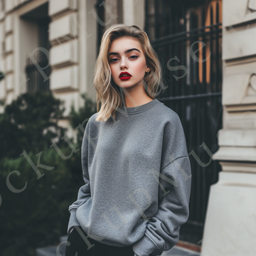 Womens grey sweatshirt mockup – lifestyle, outdoor luxury background, editorial; Gildan 18000 fit