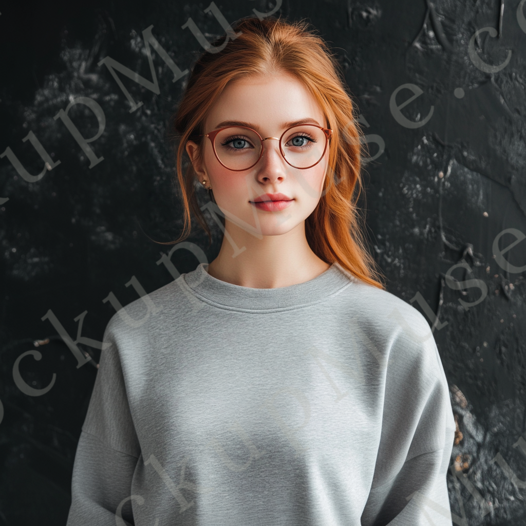 Womens grey sweatshirt mockup – studio, neutral backdrop, glasses; Gildan 18000 fit