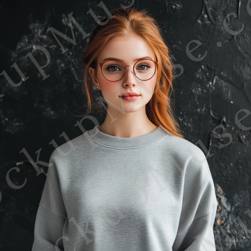 Womens grey sweatshirt mockup – studio, neutral backdrop, glasses; Gildan 18000 fit