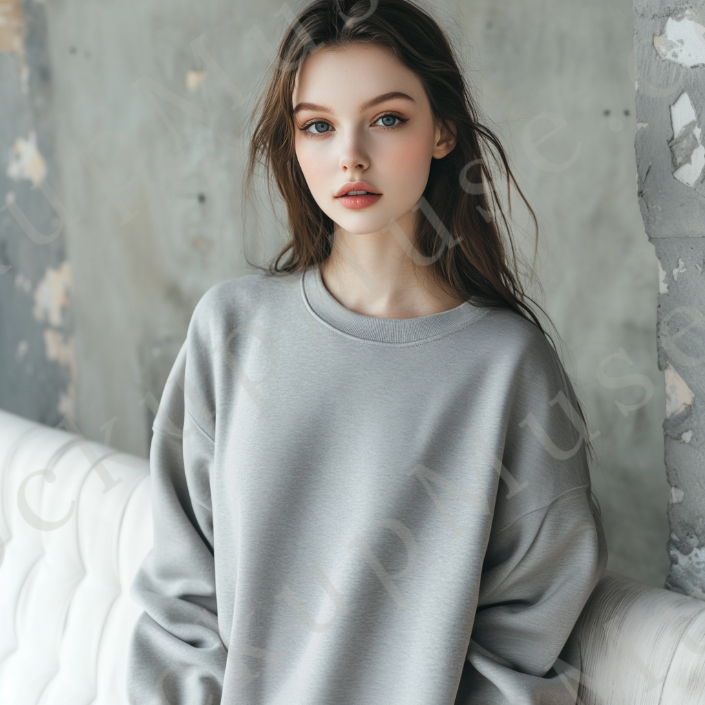 Womens grey sweatshirt mockup – lifestyle, indoor neutral wall; Gildan 18000 fit
