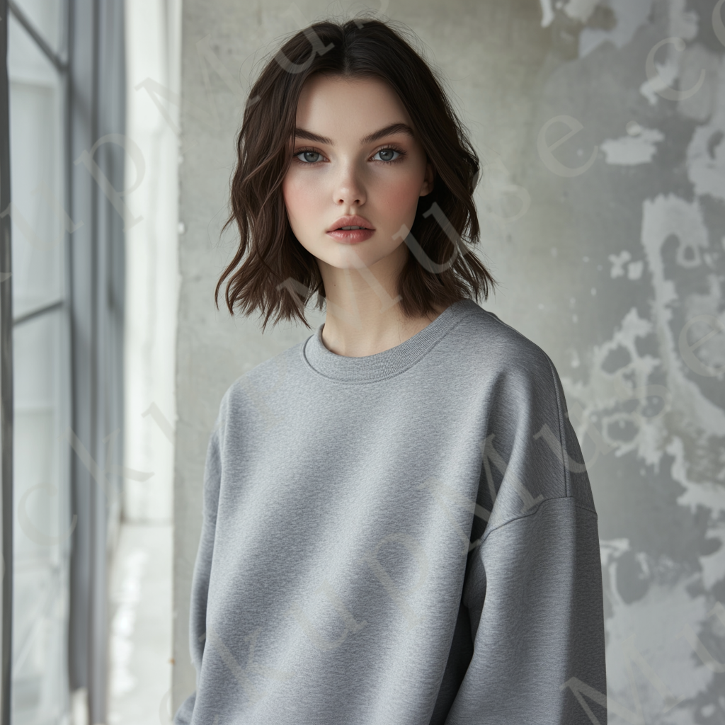 Womens grey sweatshirt mockup – lifestyle, indoor window light; Gildan 18000 fit