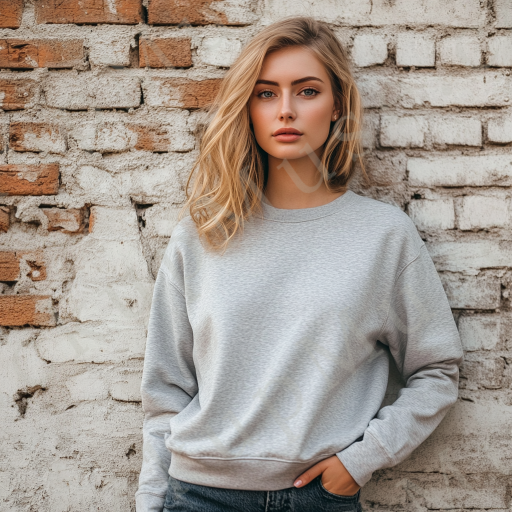 Womens grey sweatshirt mockup – lifestyle, outdoor brick wall; Gildan 18000 fit