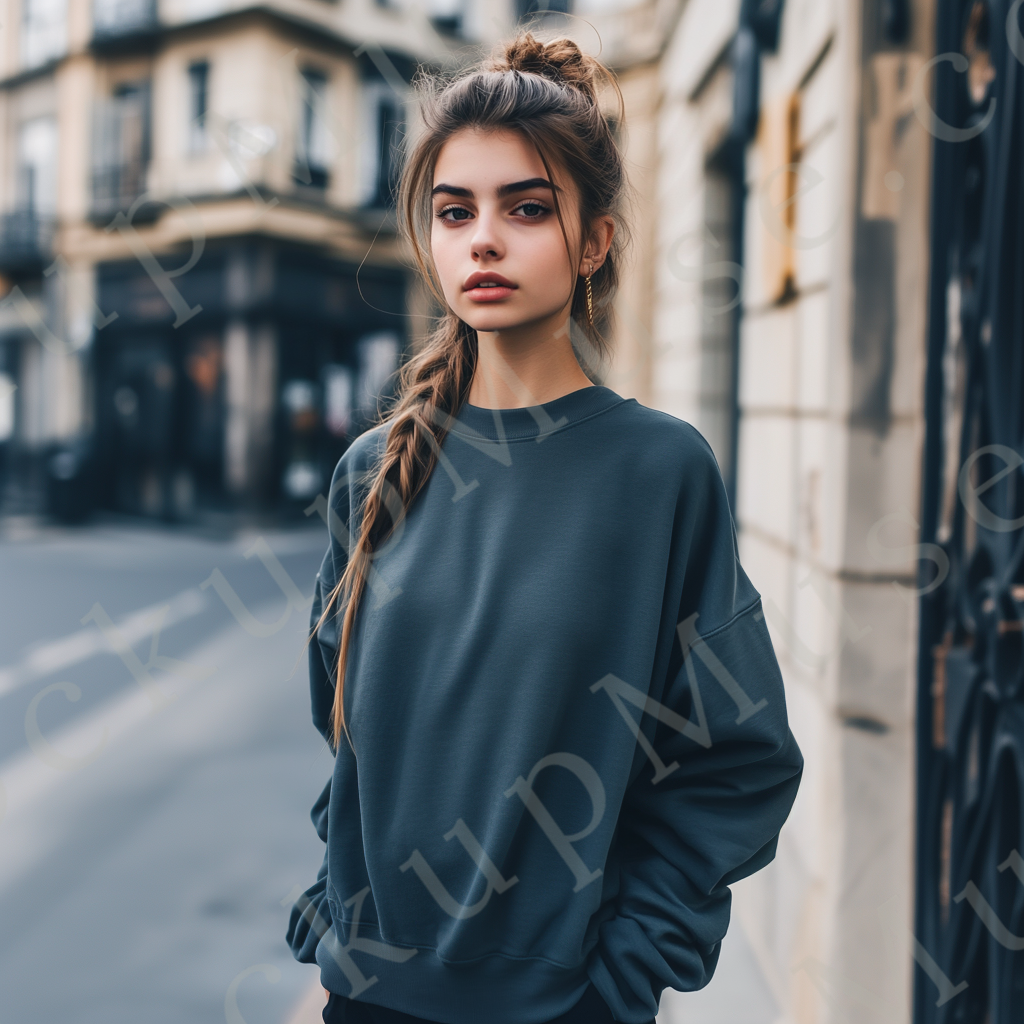 Womens grey sweatshirt mockup – lifestyle, outdoor city at dusk; Gildan 18000 fit