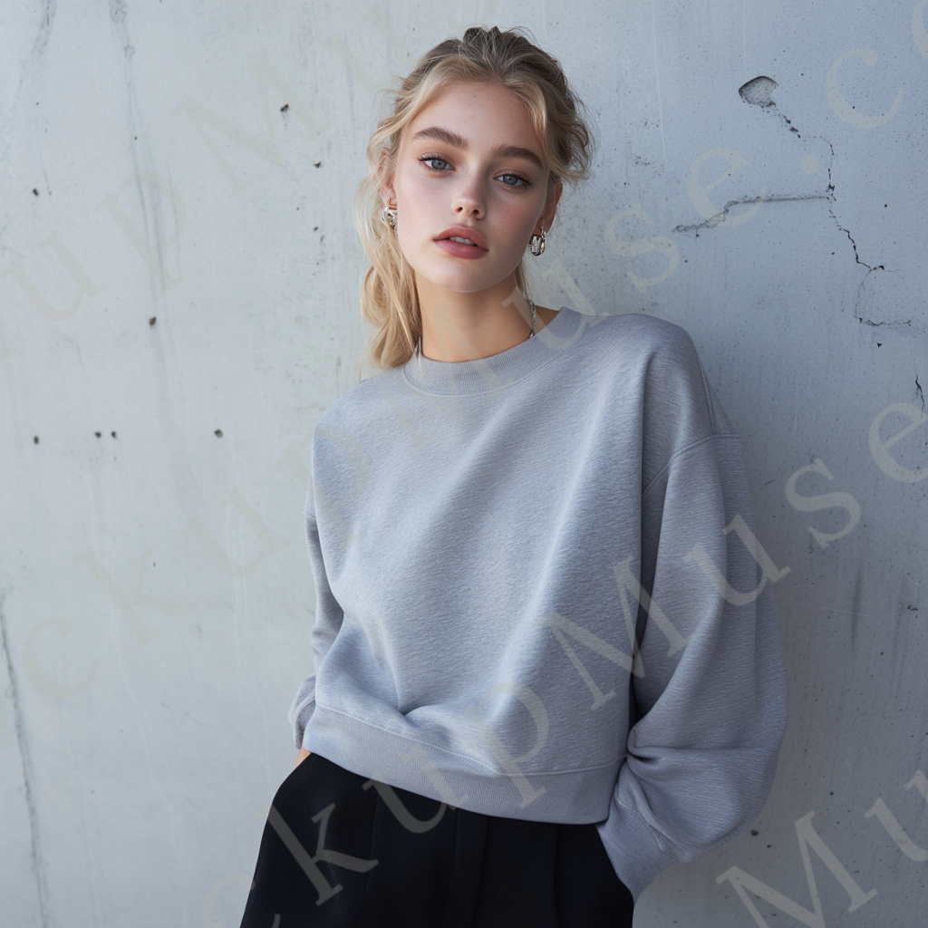 Womens grey sweatshirt mockup – lifestyle, concrete wall background; Gildan 18000 fit