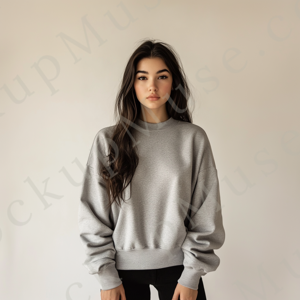 Womens grey sweatshirt mockup – studio, neutral plain backdrop; Gildan 18000 fit