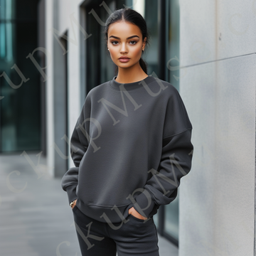Womens grey sweatshirt mockup – lifestyle, outdoor city, editorial pose; Gildan 18000 fit