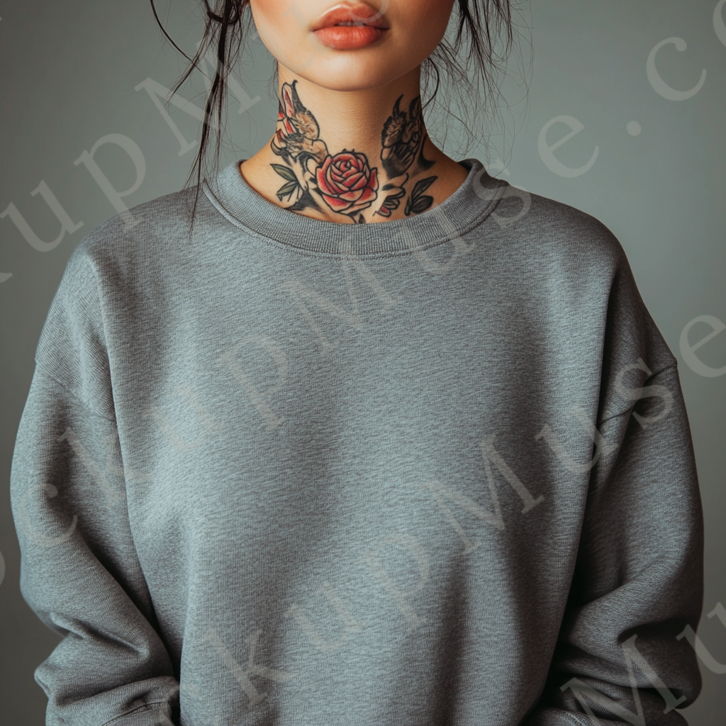 Womens grey sweatshirt mockup – studio close-up, visible neck tattoos; Gildan 18000 fit