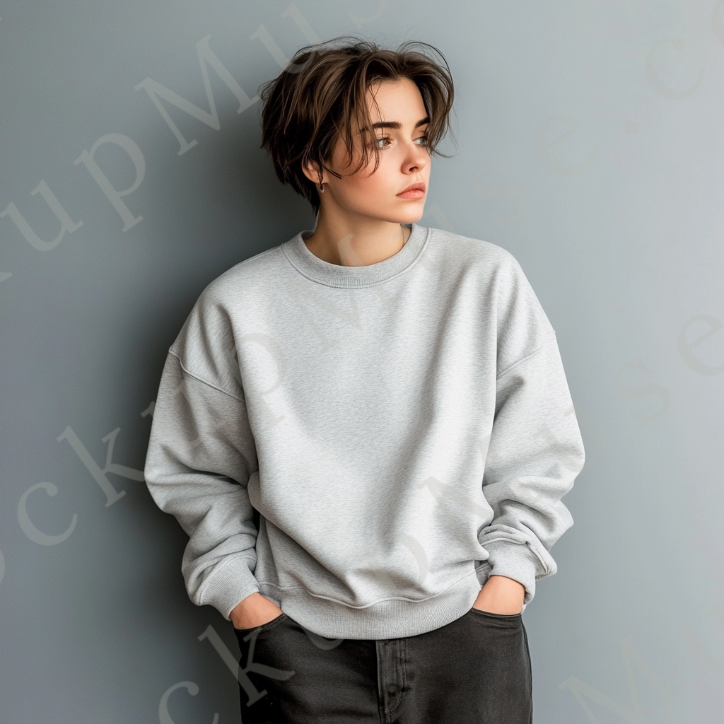 Womens grey sweatshirt mockup – studio editorial, grey wall, cropped stance; Gildan 18000 fit