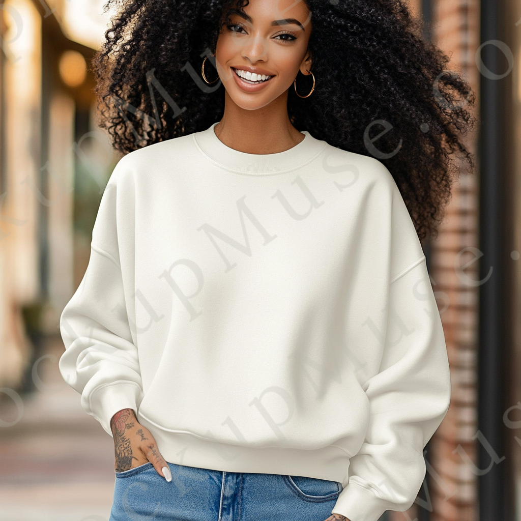 women’s white crewneck sweatshirt mockup, outdoor lifestyle scene, gildan 18000, front view, digital download for Etsy and Sh