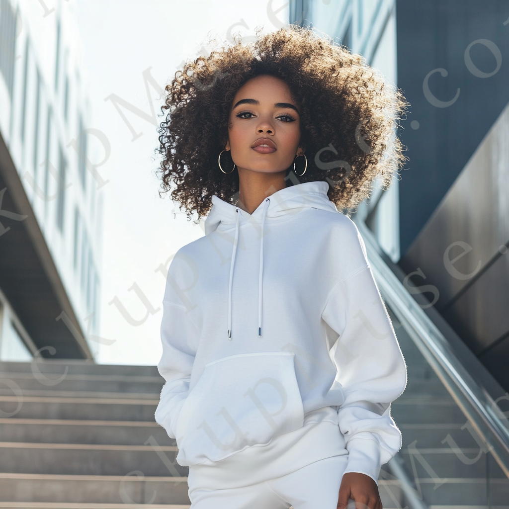 women’s white crewneck sweatshirt mockup, outdoor stairs lifestyle scene, gildan 18000, front view, digital download for Etsy