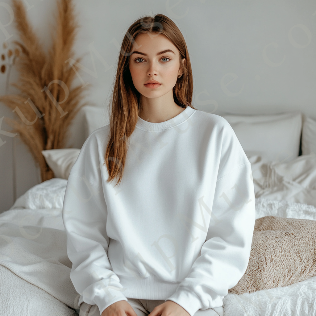 women’s white crewneck sweatshirt mockup, indoor lifestyle scene, gildan 18000, front view, digital download for Etsy and Sho
