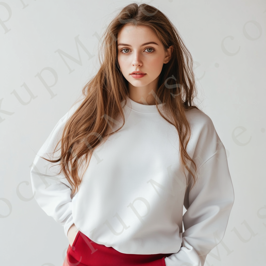 women’s white crewneck sweatshirt mockup, gray studio, gildan 18000, front view, digital download for Etsy and Shopify