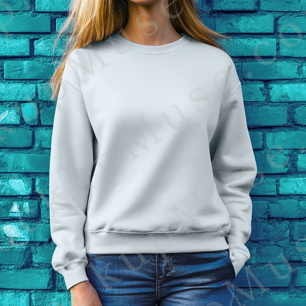 women’s white crewneck sweatshirt mockup, blue brick wall lifestyle scene, gildan 18000, front view, digital download for Ets