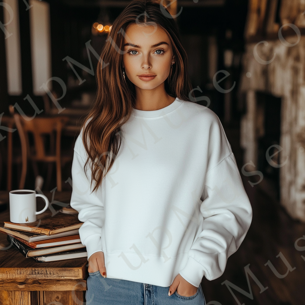 women’s white crewneck sweatshirt mockup, coffee shop lifestyle scene, book, gildan 18000, front view, digital download for E