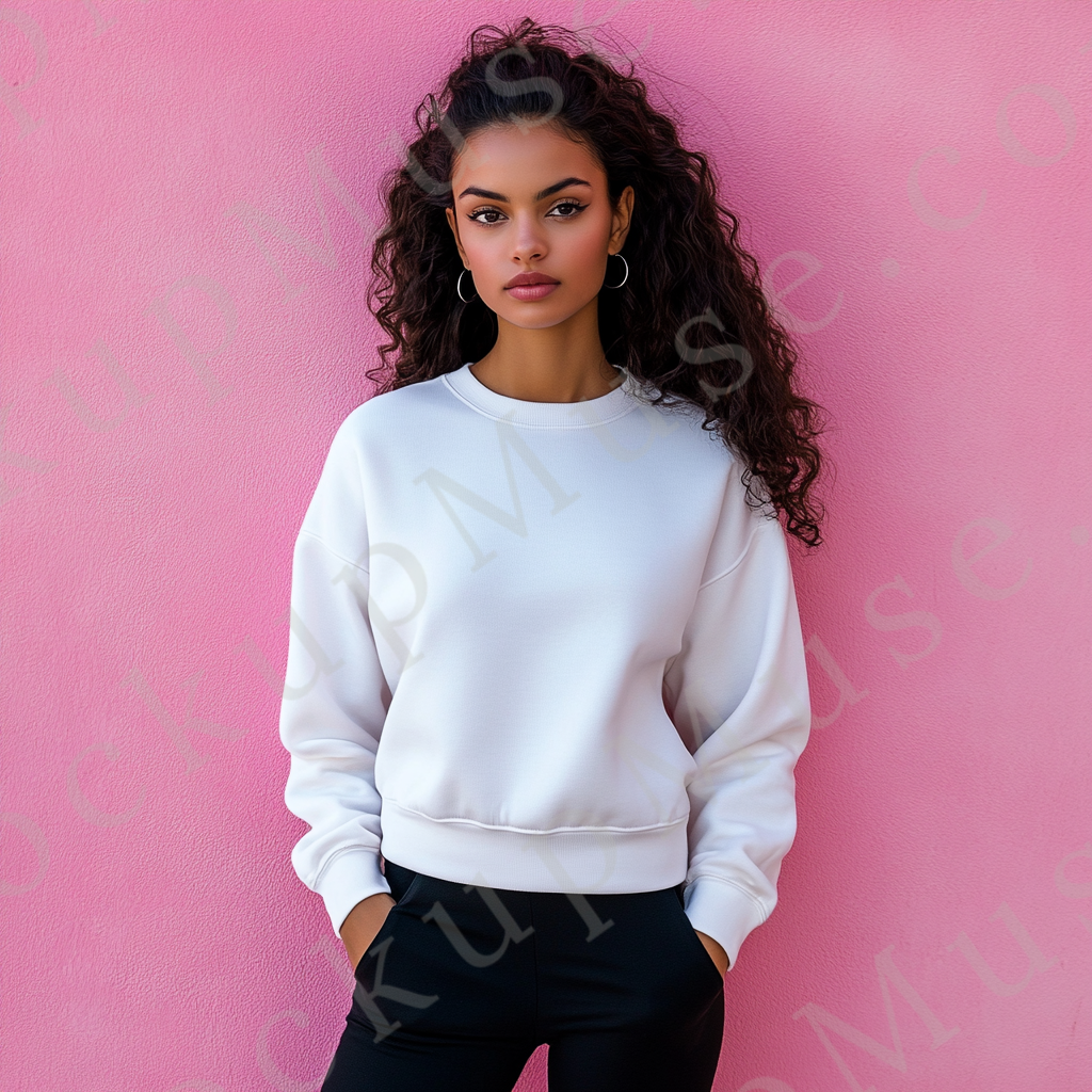 women’s white crewneck sweatshirt mockup, pink wall lifestyle scene, gildan 18000, front view, digital download for Etsy and