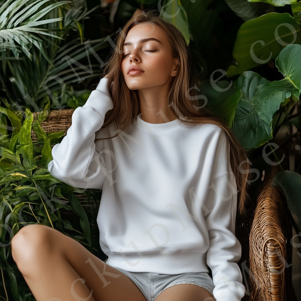 women’s white crewneck sweatshirt mockup, green plants lifestyle scene, gildan 18000, front view, digital download for Etsy a