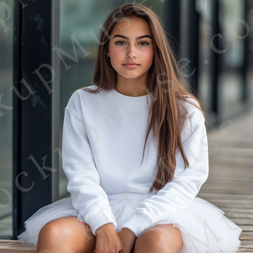 women’s white crewneck sweatshirt mockup, indoor lifestyle scene, gildan 18000, front view, digital download for Etsy and Sho