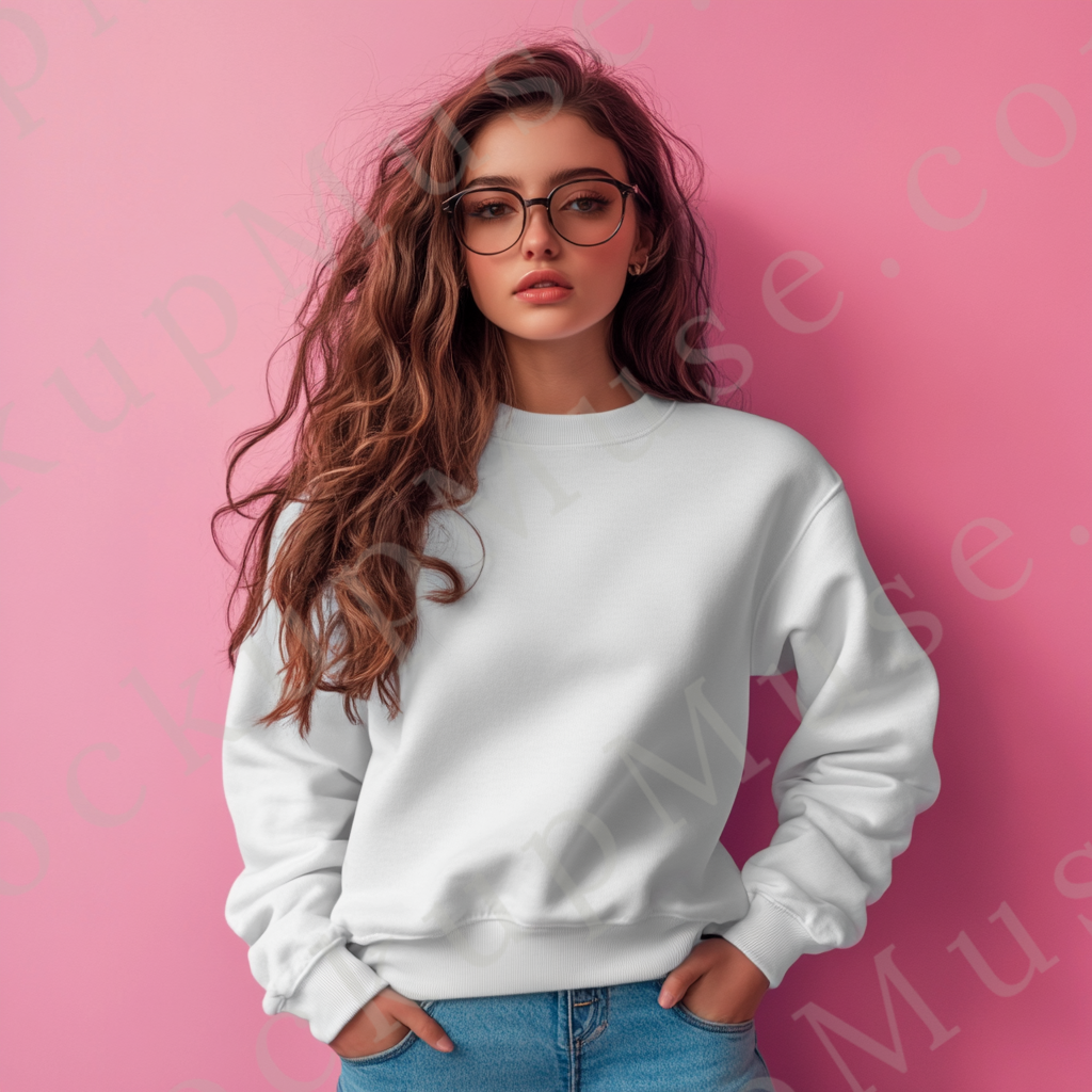 women’s white crewneck sweatshirt mockup, pink wall lifestyle scene, gildan 18000, front view, digital download for Etsy and