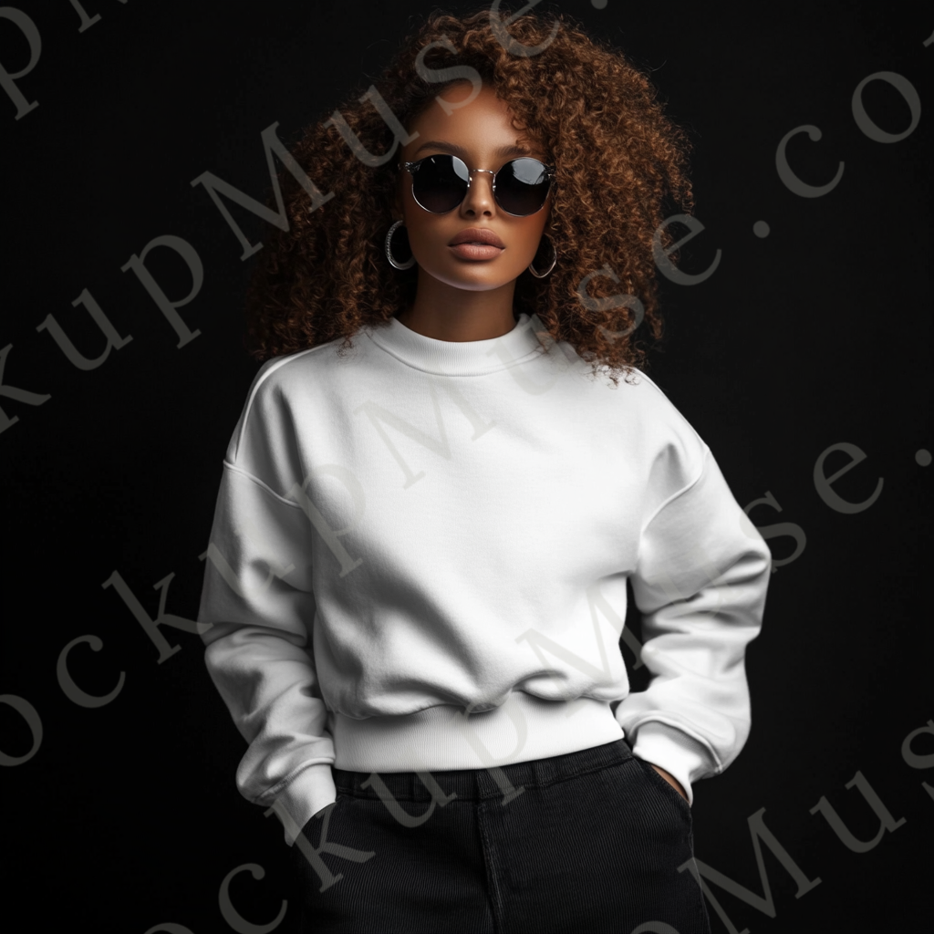 women’s white crewneck sweatshirt mockup, black studio, gildan 18000, front view, digital download for Etsy and Shopify