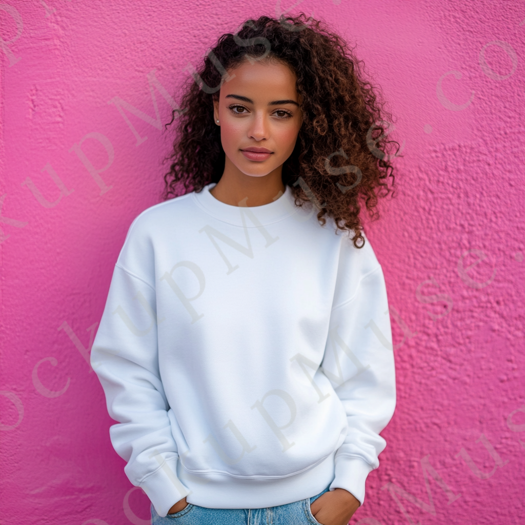 women’s white crewneck sweatshirt mockup, pink wall lifestyle scene, gildan 18000, front view, digital download for Etsy and