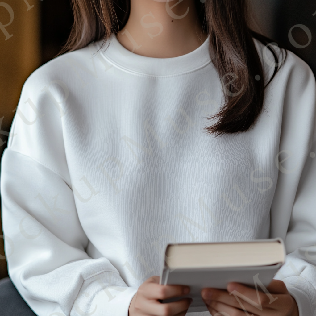 women’s white crewneck sweatshirt mockup, indoor lifestyle scene, book, gildan 18000, front view, digital download for Etsy a