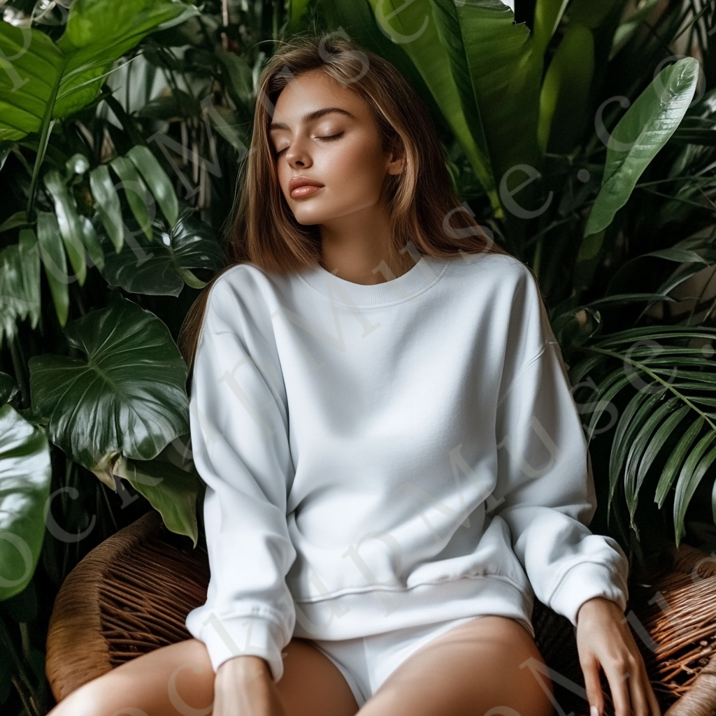 women’s white crewneck sweatshirt mockup, green plants lifestyle scene, gildan 18000, front view, digital download for Etsy a