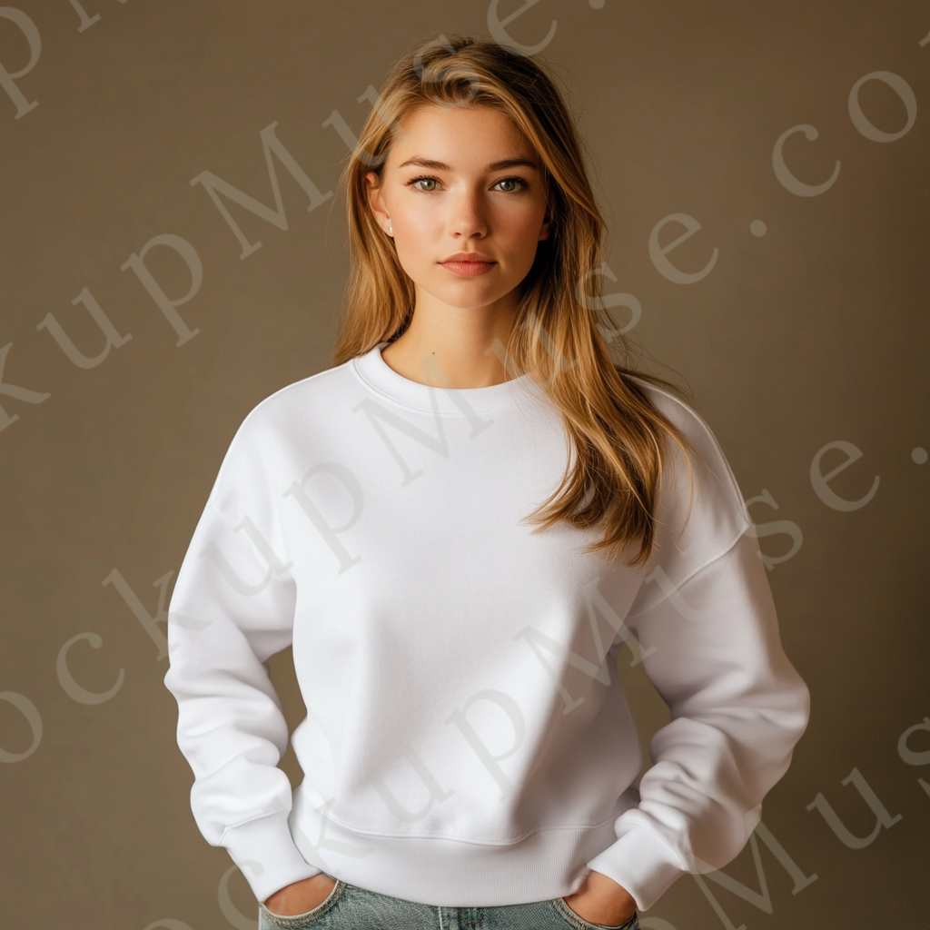 women’s white crewneck sweatshirt mockup, brown studio, gildan 18000, front view, digital download for Etsy and Shopify