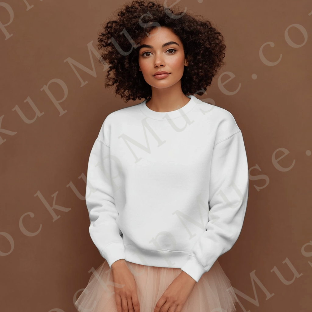 women’s white crewneck sweatshirt mockup, brown studio, gildan 18000, front view, digital download for Etsy and Shopify