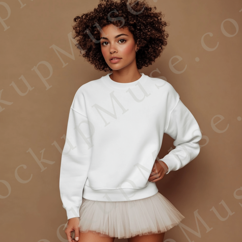 women’s white crewneck sweatshirt mockup, brown studio, gildan 18000, front view, digital download for Etsy and Shopify