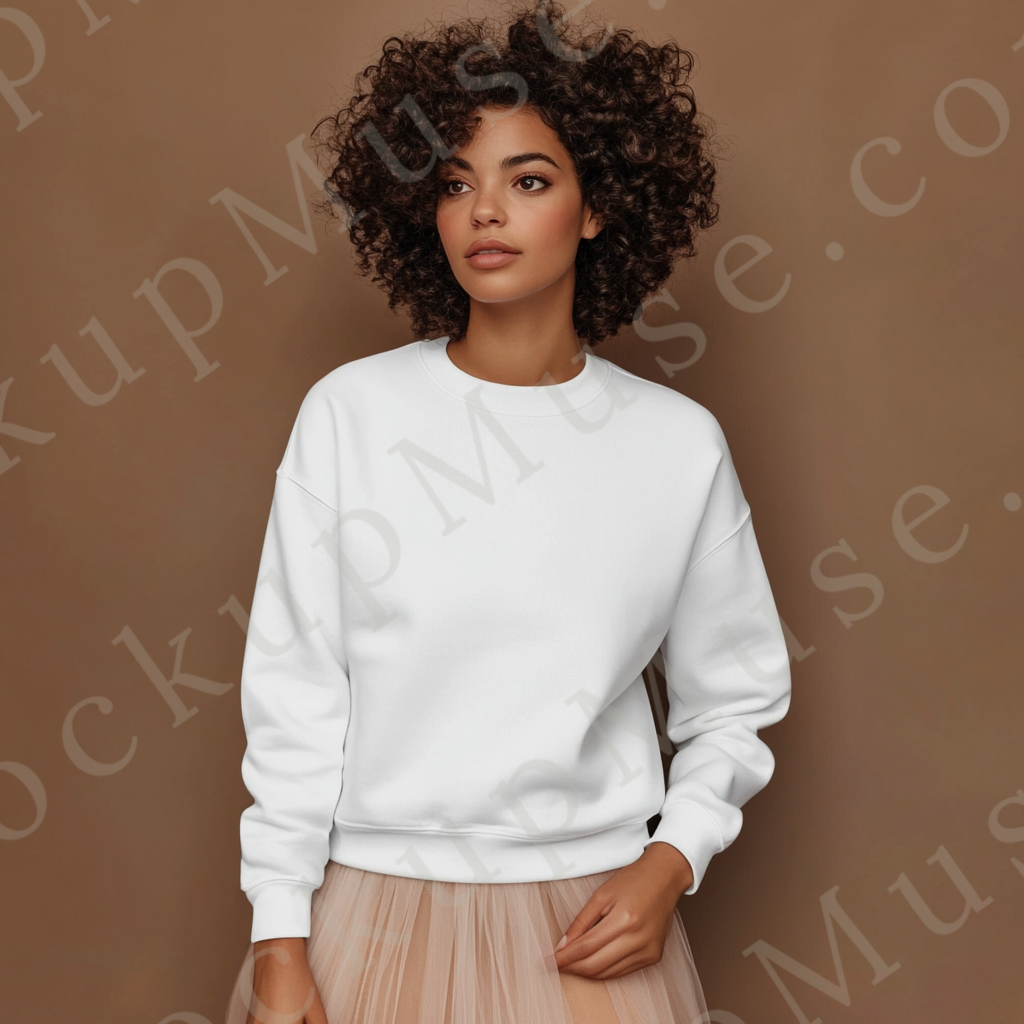 women’s white crewneck sweatshirt mockup, brown studio, gildan 18000, front view, digital download for Etsy and Shopify