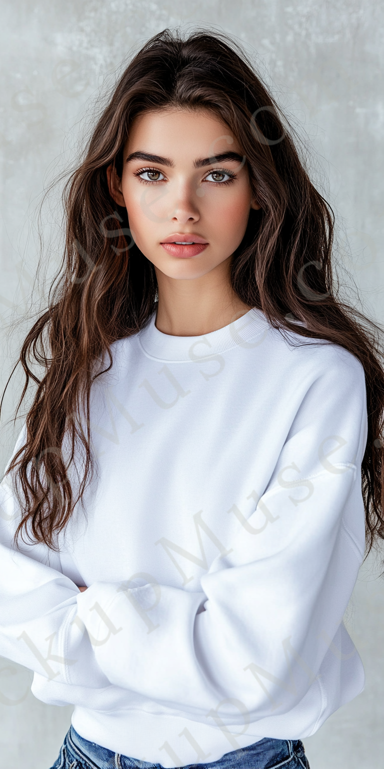 women’s white crewneck sweatshirt mockup, gray wall lifestyle scene, gildan 18000, front view, digital download for Etsy and