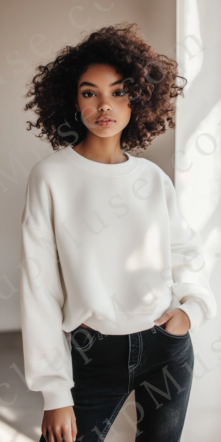 women’s white crewneck sweatshirt mockup, white wall lifestyle scene, gildan 18000, front view, digital download for Etsy and