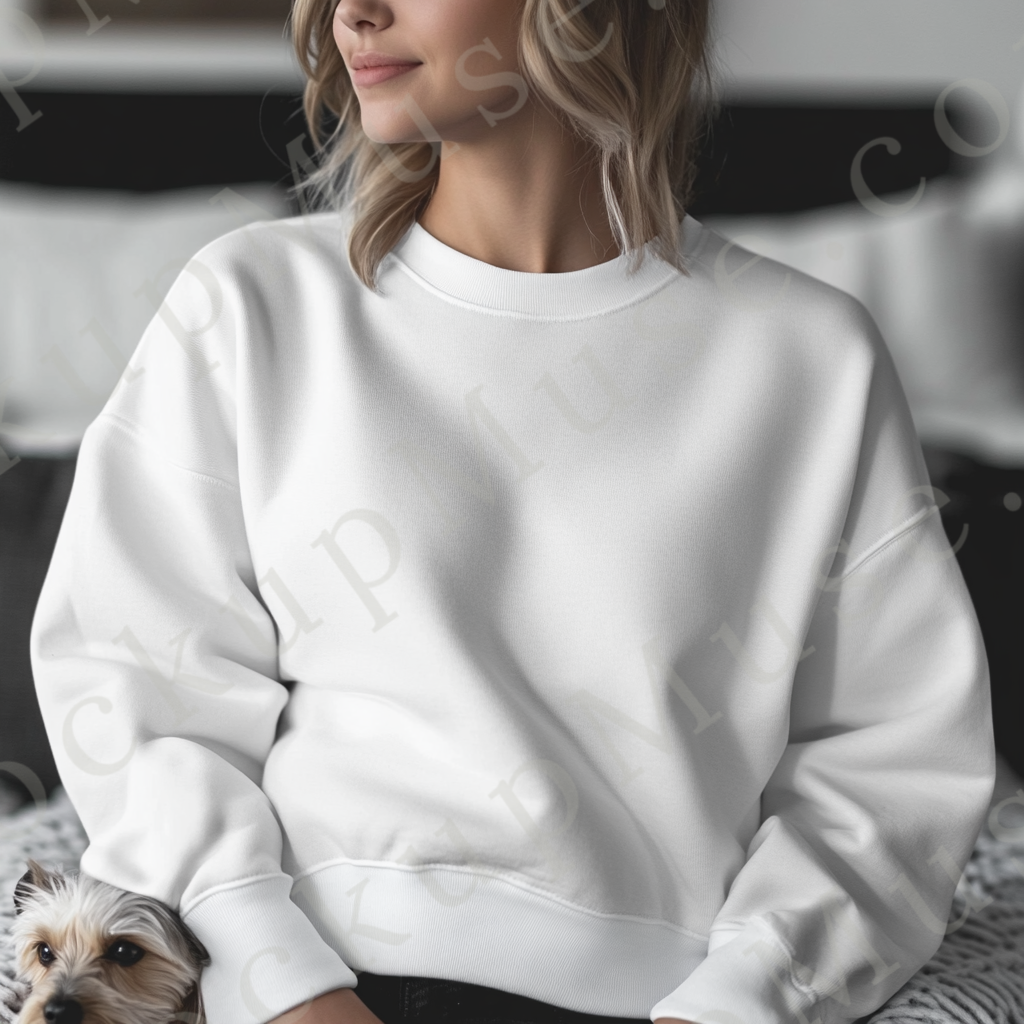 women’s white crewneck sweatshirt mockup, indoor lifestyle scene, dog, gildan 18000, front view, digital download for Etsy an