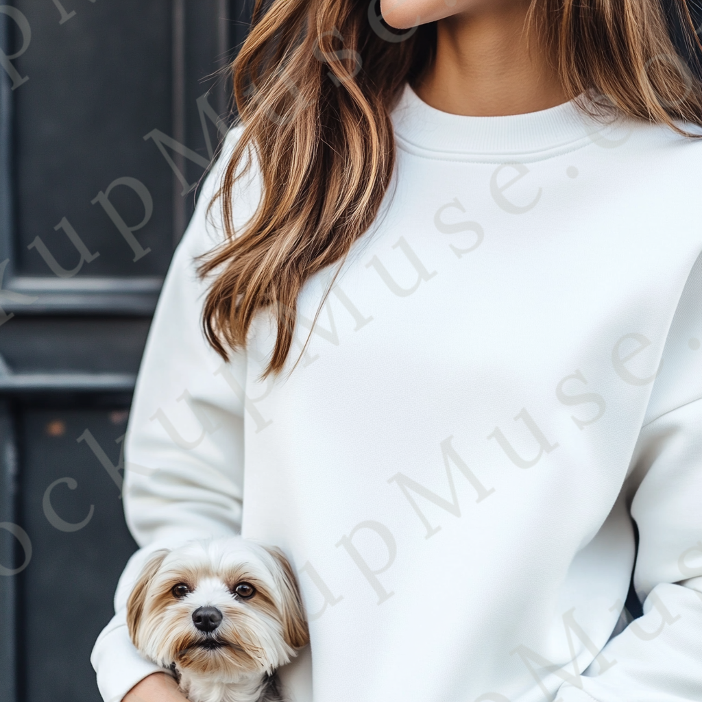 women’s white crewneck sweatshirt mockup, indoor lifestyle scene, dog, gildan 18000, front view, digital download for Etsy an