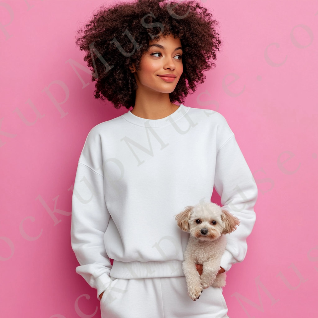 women’s white crewneck sweatshirt mockup, pink wall lifestyle scene, dog, gildan 18000, front view, digital download for Etsy