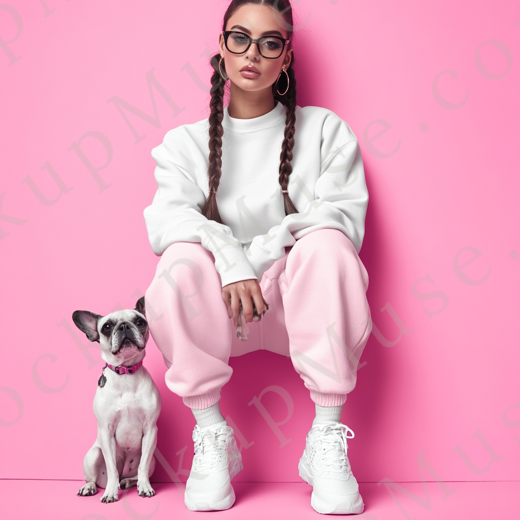 women’s white crewneck sweatshirt mockup, pink wall lifestyle scene, dog, gildan 18000, front view, digital download for Etsy