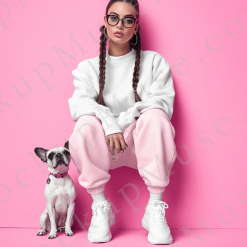 women’s white crewneck sweatshirt mockup, pink wall lifestyle scene, dog, gildan 18000, front view, digital download for Etsy