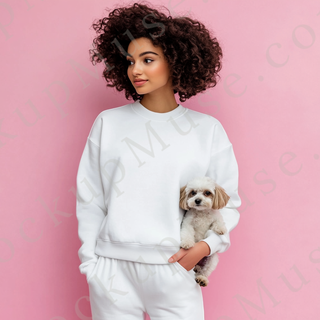 women’s white crewneck sweatshirt mockup, pink wall lifestyle scene, dog, gildan 18000, front view, digital download for Etsy