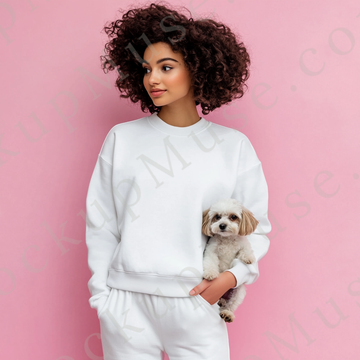 women’s white crewneck sweatshirt mockup, pink wall lifestyle scene, dog, gildan 18000, front view, digital download for Etsy